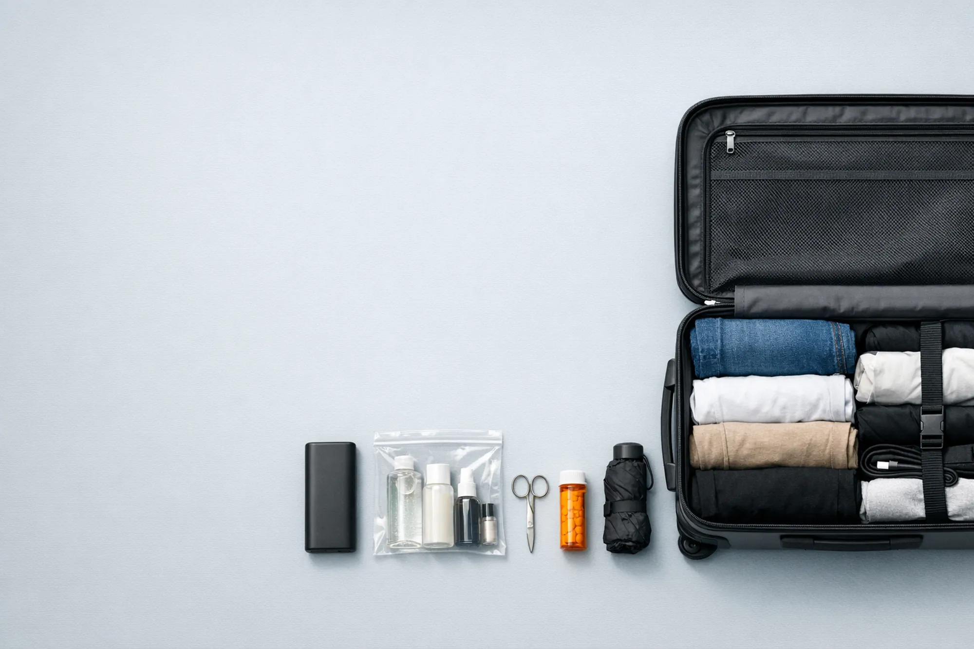 An open carry-on suitcase beside a power bank, a quart bag of liquids, scissors, a pill bottle, and a folded umbrella